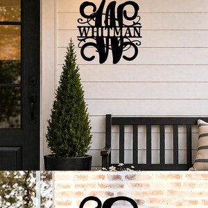 May include: Black metal personalized signs with custom names and initials. The signs are displayed outdoors and on a house. The signs include the names "WHITMAN", "RICH & DONNA", and "MUSKOPE". The signs are weatherproof and designed to last.