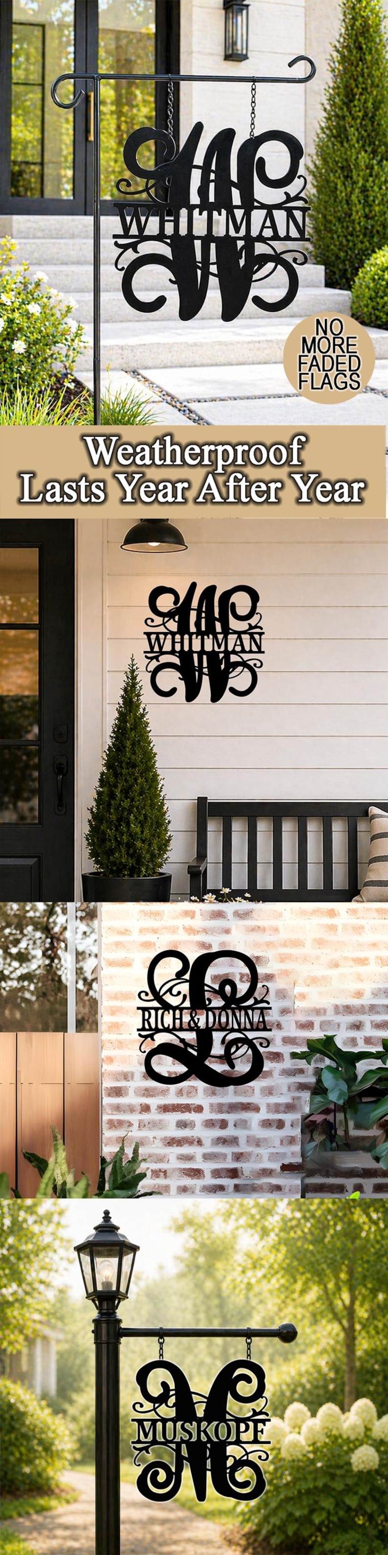May include: Black metal personalized signs with custom names and initials. The signs are displayed outdoors and on a house. The signs include the names "WHITMAN", "RICH & DONNA", and "MUSKOPE". The signs are weatherproof and designed to last.
