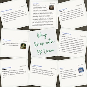 May include: A collection of customer reviews on white cards, arranged around the text "Why Shop with PK Decor" in green. The reviews praise the shop's products and service, with dates and star ratings.
