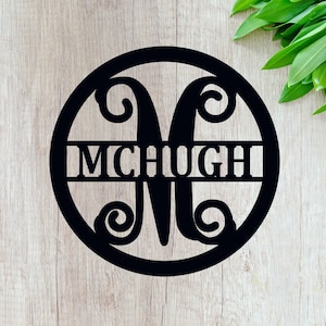 May include: Black metal circle with a decorative letter M and the name "MCHUGH" in a banner across the middle.