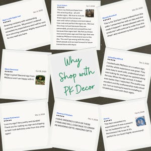 May include: A collage of customer testimonials on white cards, surrounding the green text "Why Shop with PK Decor". The reviews highlight product quality and customer service, with dates and star ratings.