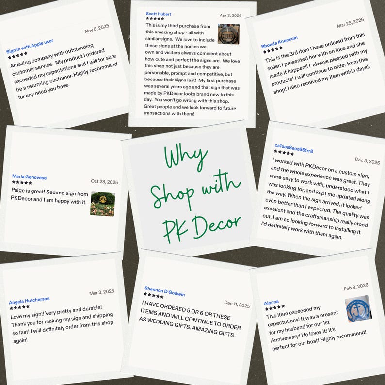 May include: A collage of customer testimonials on white cards, surrounding the green text "Why Shop with PK Decor". The reviews highlight product quality and customer service, with dates and star ratings.