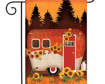 Autumn Night Camper Garden Flag - 12.5x18" -  Happy Campers Fall Camping Sign-Sunflowers