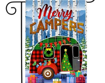 Happy Campers Christmas Sign - Merry Christmas Camper Garden Flag - 12.5x18"- Merry Campers