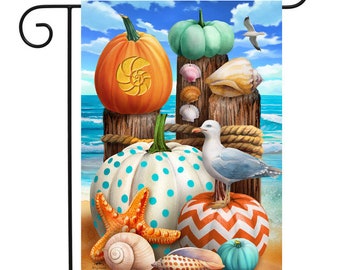 Beach Pumpkin Garden Flag - 12.5x18" - Seaside Fall Yard Sign - Patterned Pumpkin Fall Decor - Seagull Seashells - Ocean Water - Starfish -