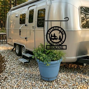 Retirement Gift Personalized Camping Sign Custom Name Happy Camper Metal Outdoor Wall Art Aluminum Weatherproof RV Entrance Campsite Marker Circular Design Pine Trees Moon Imagery Perfect Anniversary Present Couple Gift Father Day. This image was created with the assistance of AI tools and finalized by the shop.