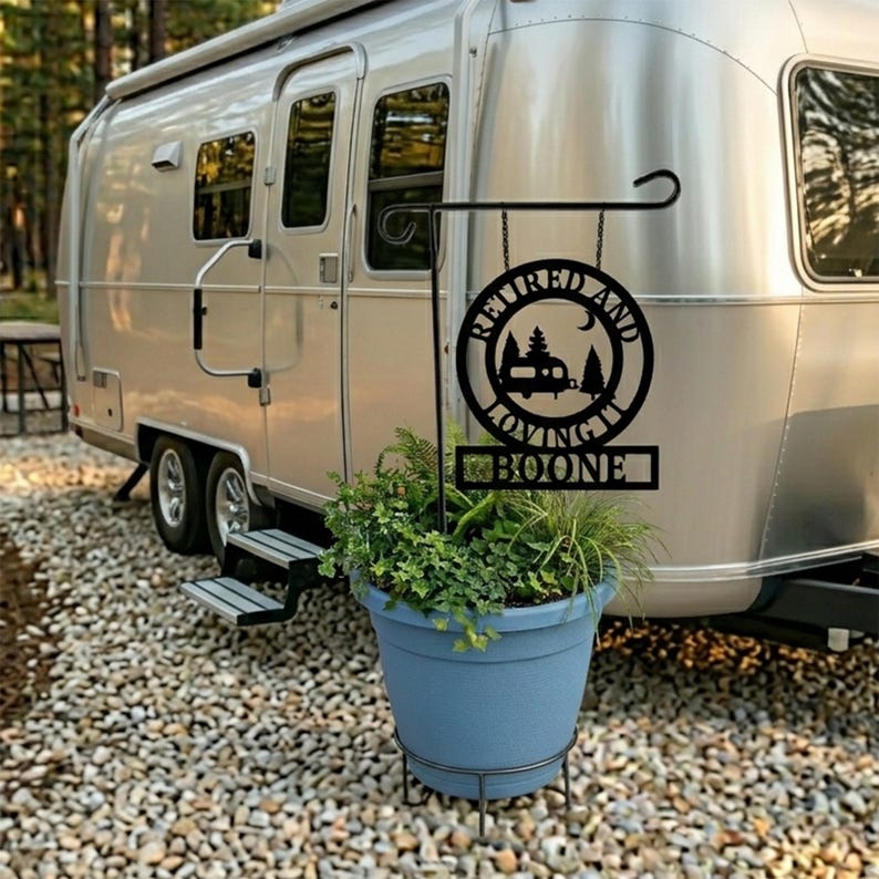 Retirement Gift Personalized Camping Sign Custom Name Happy Camper Metal Outdoor Wall Art Aluminum Weatherproof RV Entrance Campsite Marker Circular Design Pine Trees Moon Imagery Perfect Anniversary Present Couple Gift Father Day. This image was created with the assistance of AI tools and finalized by the shop.