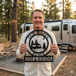 Personalized Camping Sign Custom Name Retirement Gift Happy Camper Wall Art Metal ACM Outdoor Rv Entrance Campsite Marker Weatherproof