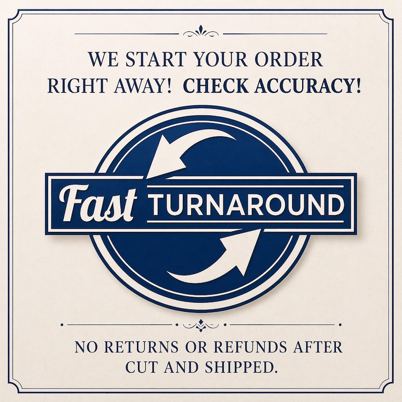 May include: Cream-colored graphic with navy blue text and design elements. The central design features a circular emblem with arrows and the words "Fast TURNAROUND." Additional text states "WE START YOUR ORDER RIGHT AWAY! CHECK ACCURACY!" and "NO RETURNS OR REFUNDS AFTER CUT AND SHIPPED."