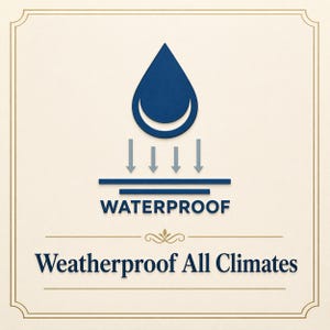 May include: A cream-colored graphic with a blue water droplet icon above the word "WATERPROOF" and the text "Weatherproof All Climates" in navy blue. The image is framed with a gold border.