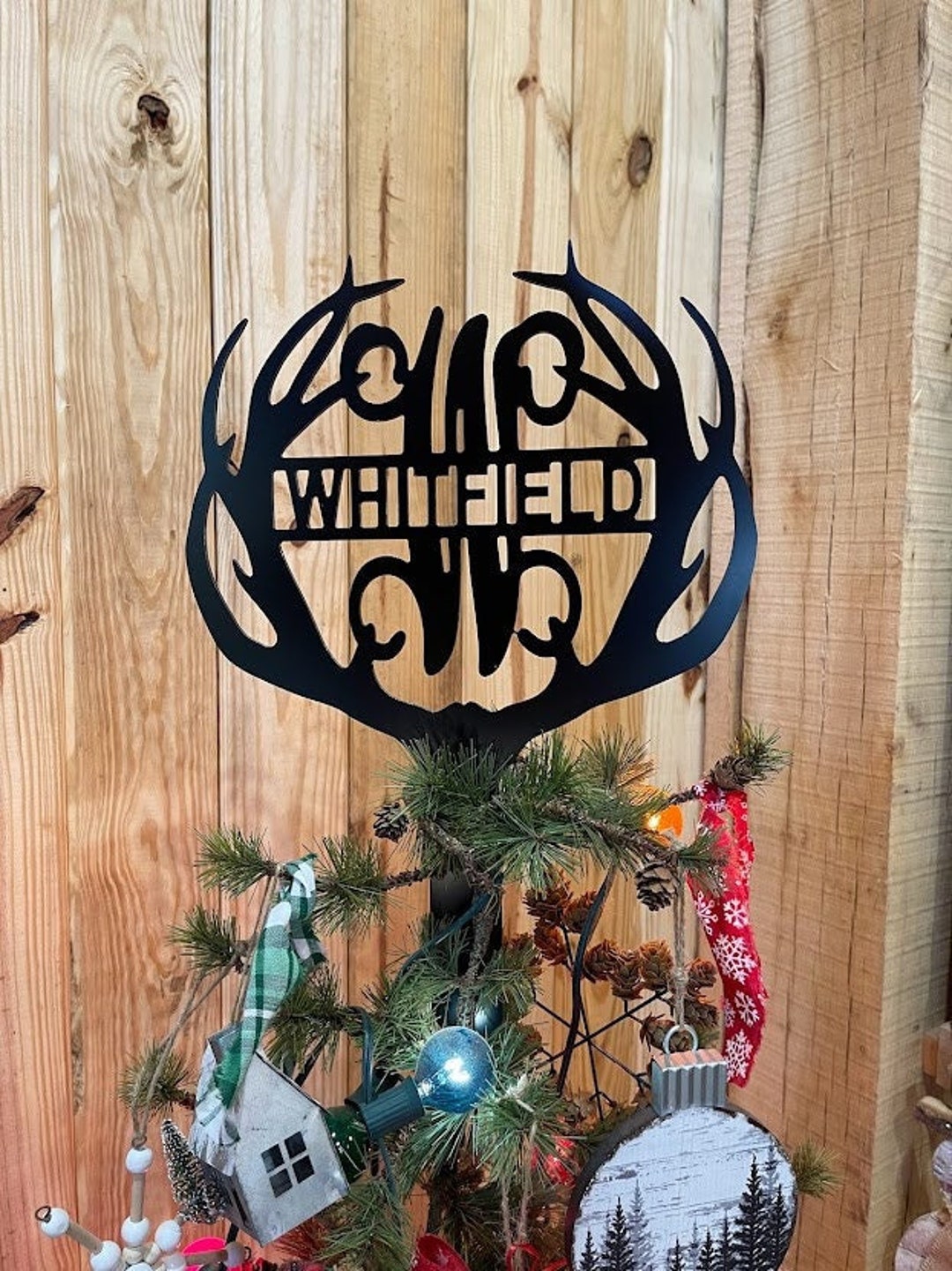 Personalized Deer Antler Christmas Tree Topper Customized Family Name