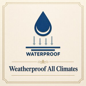 May include: An image featuring a blue water droplet icon above the word "WATERPROOF" and the text "Weatherproof All Climates" within a decorative border.