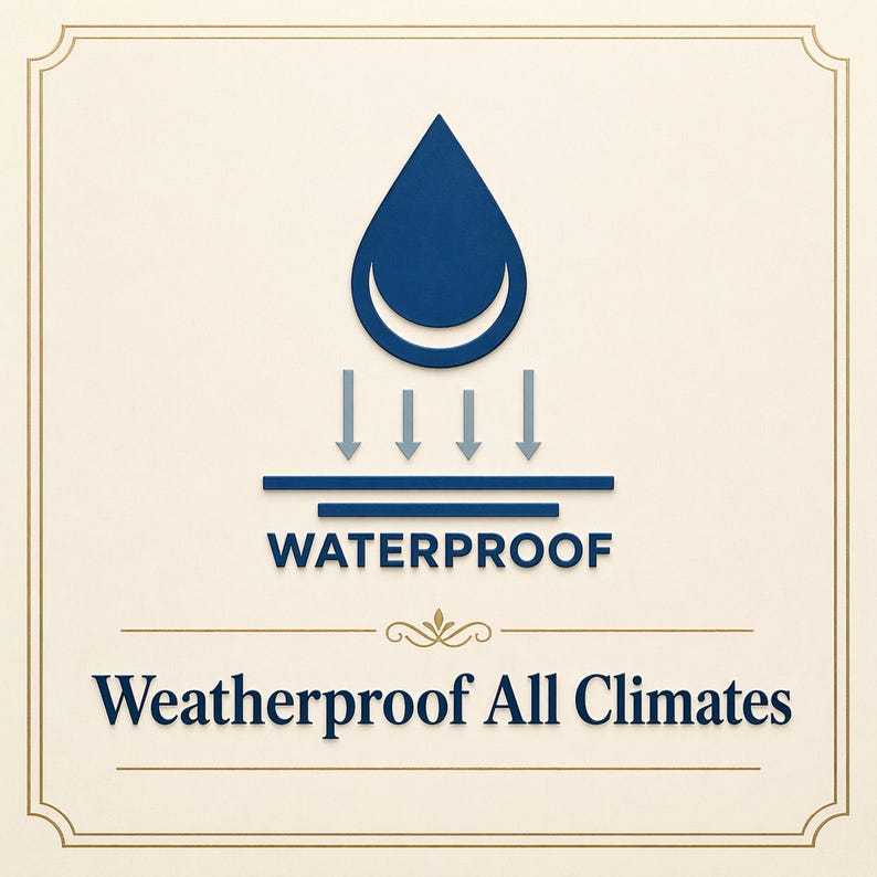 May include: An image featuring a blue water droplet icon above the word "WATERPROOF" and the text "Weatherproof All Climates" within a decorative border.
