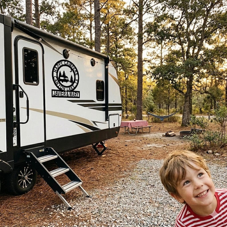 Happy Camper Wall Art Personalized Camping Sign Custom Name Metal Outdoor Display Aluminum Weatherproof RV Entrance Marker Retirement Gift Perfect Campsite Identification Circular Design Pine Trees Moon Imagery Anniversary Couple Present.  AI Generated Model in photo.
