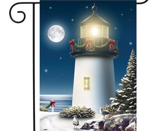 Christmas Lighthouse Yard Sign - Lighthouse Gifts - Lighthouse Christmas Garden Flag - Option to add Garden Flag Stand - Holiday Lighthouse