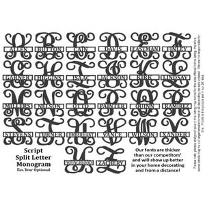 May include: Black script split letter monograms with names, including Allen, Button, Cain, Davis, and Eastman. The text reads "Our fonts are thicker than our competitors' and will show up better in your home decorating and from a distance!"