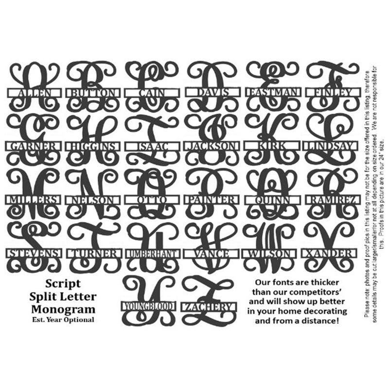 May include: Black script split letter monograms with names, including Allen, Button, Cain, Davis, and Eastman. The text reads "Our fonts are thicker than our competitors' and will show up better in your home decorating and from a distance!"