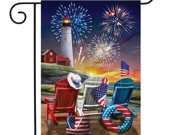 July 4 Patriotic Garden Flag - 12.5x18"-  CLEARANCE - Beach front Fireworks - July 4 Flag Sign - Memorial- Labor Day - Lighthouse