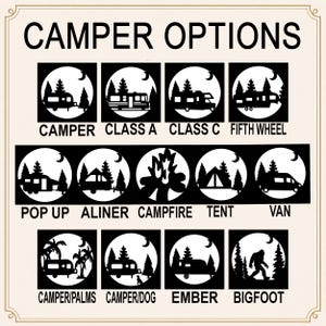 May include: A black and white graphic with the text "CAMPER OPTIONS" and illustrations of different types of campers, a campfire, and a tent. The image includes the text "CAMPER, CLASS A, CLASS C, FIFTH WHEEL, POP UP, ALINER, CAMPFIRE, TENT, VAN, CAMPER/PALMS, CAMPER/DOG, EMBER, BIGFOOT."