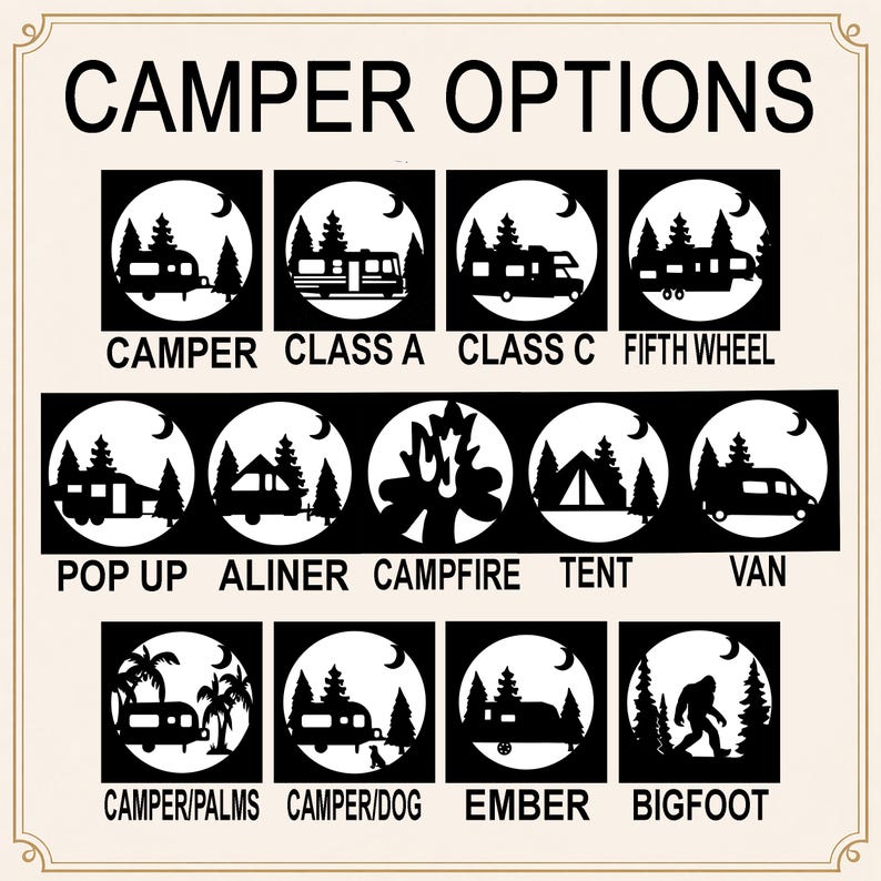 May include: A black and white graphic with the text "CAMPER OPTIONS" and illustrations of different types of campers, a campfire, and a tent. The image includes the text "CAMPER, CLASS A, CLASS C, FIFTH WHEEL, POP UP, ALINER, CAMPFIRE, TENT, VAN, CAMPER/PALMS, CAMPER/DOG, EMBER, BIGFOOT."