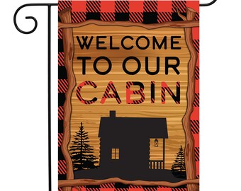 Welcome To Our Cabin Garden Flag - 12.5x18" - Cabin Fever Yard Sign - Red Buffalo Plaid