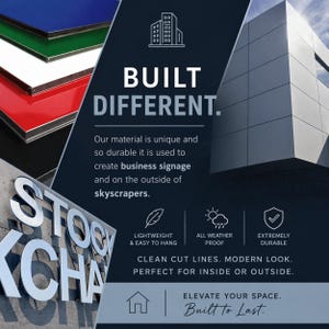May include: Image featuring coloured panels in blue, green, white, red, and black with silver edging. The text reads "BUILT DIFFERENT" and highlights the material's durability for business signage and skyscrapers. Additional text emphasises lightweight, all-weather proof, and extremely durable features.
