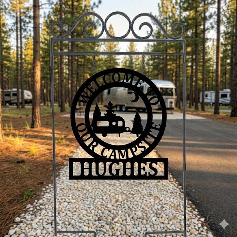 Metal Outdoor Camping Sign Personalized Custom Name Aluminum Weatherproof Construction RV Entrance Marker Happy Camper Wall Art Retirement Gift Perfect Campsite Display Circular Design Pine Trees Moon Imagery Anniversary Couple Present.  This image was created with the assistance of AI tools and finalized by the shop.