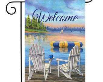Welcome Lakehouse Sign - Lake House Decor for Yard - New Lakehouse Gift -Lake Scene Garden Flag - Summer Lake Garden Flag - Chairs