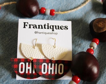 Handmade faux leather plaid OHIO earrings, black and red plaid with white 'OHIO', OSU football earrings, tailgate earrings, lightweight