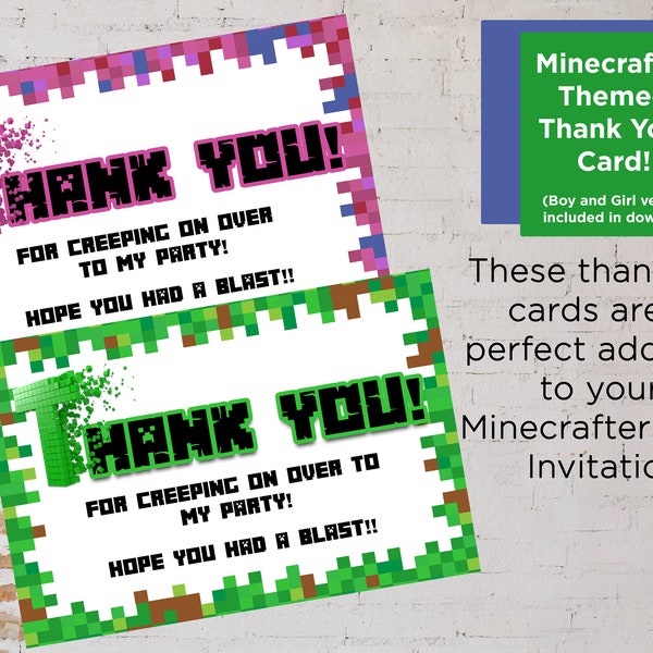 Minecrafter Themed Thank You Card - Mine Theme Birthday Party Thank You Card