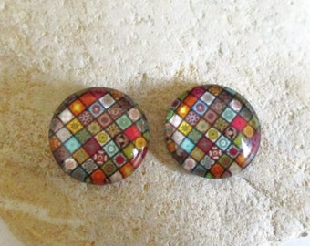 2 Boho Geometric Glass Dome Cabochons for 12mm Setting | Colorful | Multicolor for Earrings Necklaces Rings Key Chains Brooches Pendants DIY