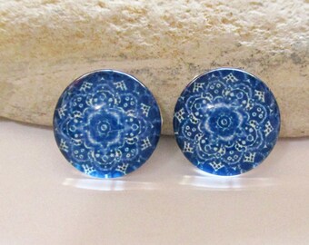 2 Glass Dome Cabochons | Blue and White Mandala Flatbacks for 12mm Setting | Mandala Earrings Necklaces Rings DIY Jewelry Supplies