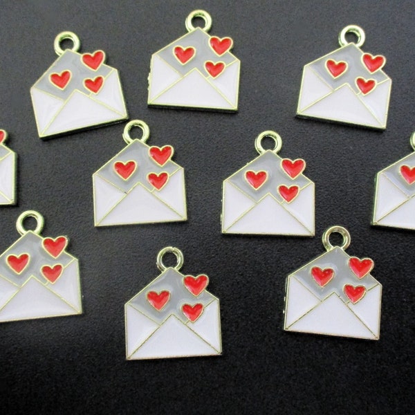 10 Tiny Enamel Envelope Charms for Earrings Necklace Charm Bracelet Valentines Bookmarks Junk Journal Scrapbooking Ornaments Love Letters
