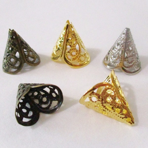 50 Filigree Bead Caps | Bronze Bead Cones | Gold Filigree Cones | Silver Glue on Cone Tassel Caps | 16mm Cone Beads Jewelry Making Supplies