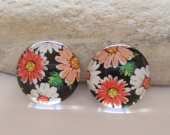 2 Daisies Glass Dome Cabochons | Orange and Coral Pink Flowers for 12mm Setting | Earrings Necklaces Rings Brooches | DIY Jewelry Supplies