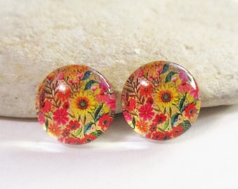 2 Glass Dome Cabochons with Colorful Wildflowers | Flatbacks for 12mm Setting | Flower Earrings Necklaces Rings Pendant DIY Jewelry Supplies