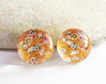 2 Glass Dome Cabochons | Orange with Tiny Wildflowers for 12mm Settings | Earrings Necklaces Rings Brooches Pendants | DIY Jewelry Supplies