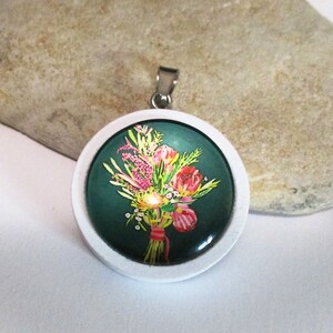 Flower Pendant | Glass Dome Cabochon Necklace | Wildflowers on Forest Green | DIY Jewelry Supplies | Make Your Own | Flower Necklace Pendant