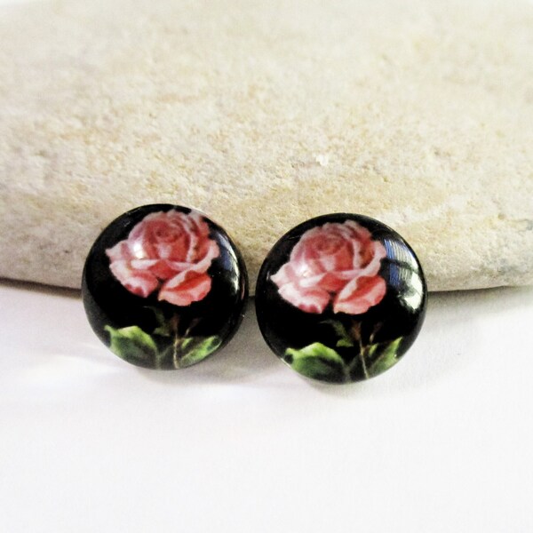 2 Glass Dome Cabochons | Pink Roses on a Black Background for 12mm Settings | Earrings Necklaces Rings Brooches Beading DIY Jewelry Supplies