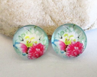 2 Glass Dome Cabochons | Pink Butterflies Flowers Mint Green for 12mm Setting for Earrings Necklaces Rings Key Chains Brooches Pendants DIY