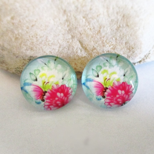 2 Glass Dome Cabochons | Pink Butterflies Flowers Mint Green for 12mm Setting for Earrings Necklaces Rings Key Chains Brooches Pendants DIY