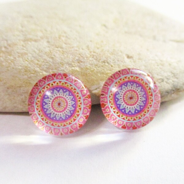 2 Pink Purple Mandala Glass Dome Cabochons for 12mm Setting Mandala Earrings Necklaces Rings Key Chains Brooches Pendants Jewelry Supplies