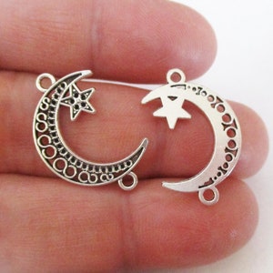 5 Moon and Star Connectors | Silver Crescent Moon Bracelet Connectors | Filigree Earring Charms | DIY Jewelry Supplies Findings Components