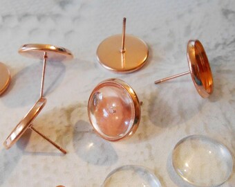Rose Gold Stud Earring Blanks: 12mm Bezel Settings + Glass Domes (Set of 10)