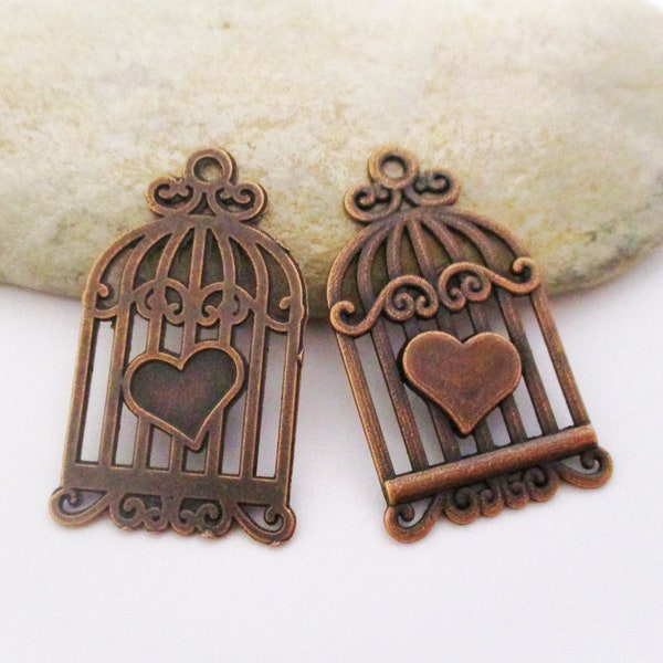 4 Red Copper Bird Cage Charms for Earrings or Necklaces | Copper Jewelry Gifts | 7th Wedding Anniversary Gift for Wife | Bird Lover Gift