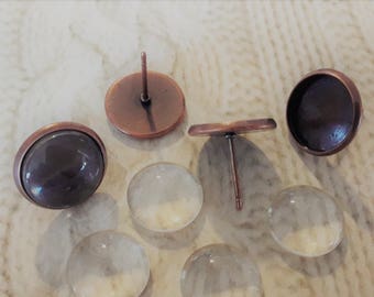 10 Copper Stud Earring Blanks + Glass dome 12mm Round Earring Setting Glass Cabochon French Copper Post Earring Bezel Backs Jewelry Supplies