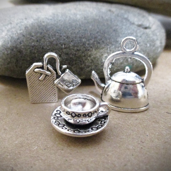 Silver 3D Coffee or Tea Charm | Tea Bag Charm | Teapot Charm | Tea Cup Charm | Coffee Cup Charm for Jewelry Ornaments Tea Gifts Coffee Gifts