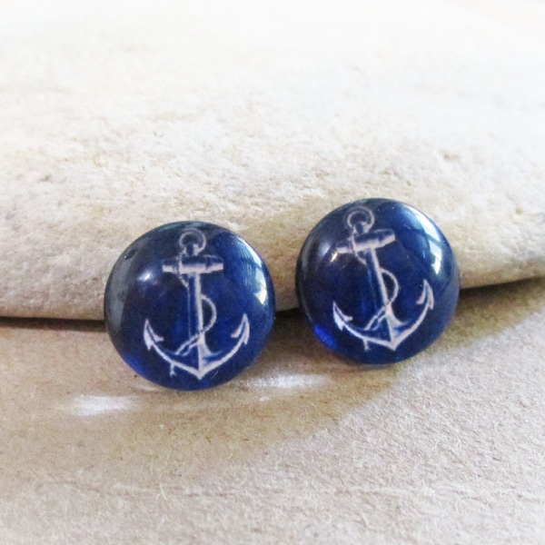 2 Glass Dome Cabochons | Navy Blue with White Anchors for 12mm Setting | Earrings Necklaces Rings Key Chains Brooches Pendants | DIY Jewelry