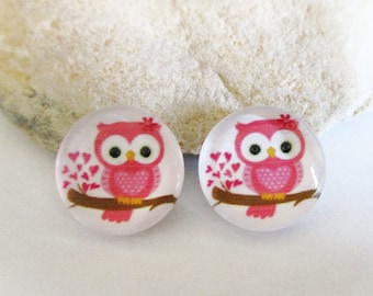 2 Cute Pink Owl Glass Dome Cabochons for 12mm Setting | Round Glass Cabochons for Earrings Necklaces Rings Key Chains Brooches Pendants DIY