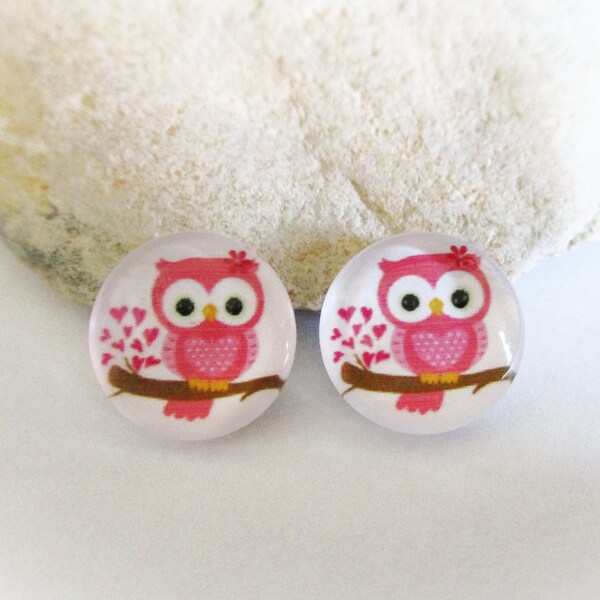 2 Cute Pink Owl Glass Dome Cabochons for 12mm Setting | Round Glass Cabochons for Earrings Necklaces Rings Key Chains Brooches Pendants DIY